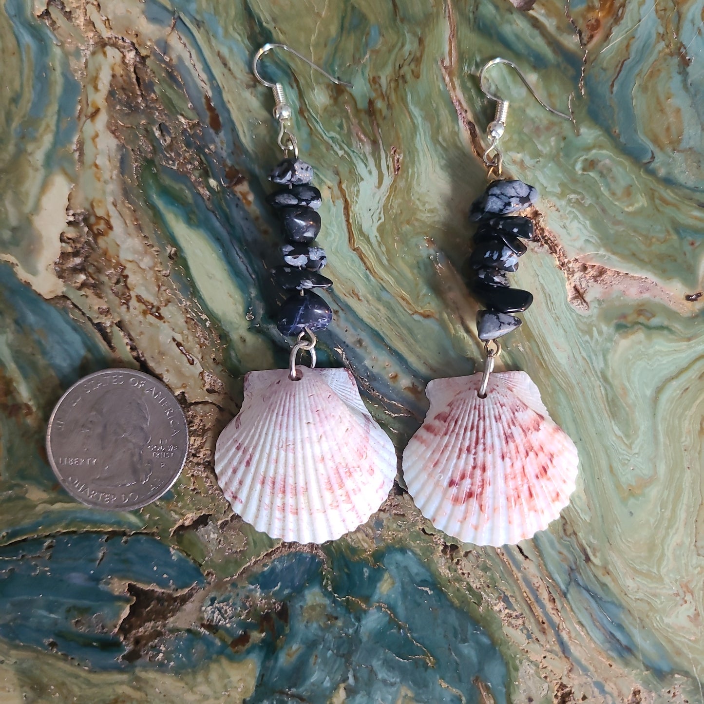 White/Calico Scallop Shell with Black Accents Earrings