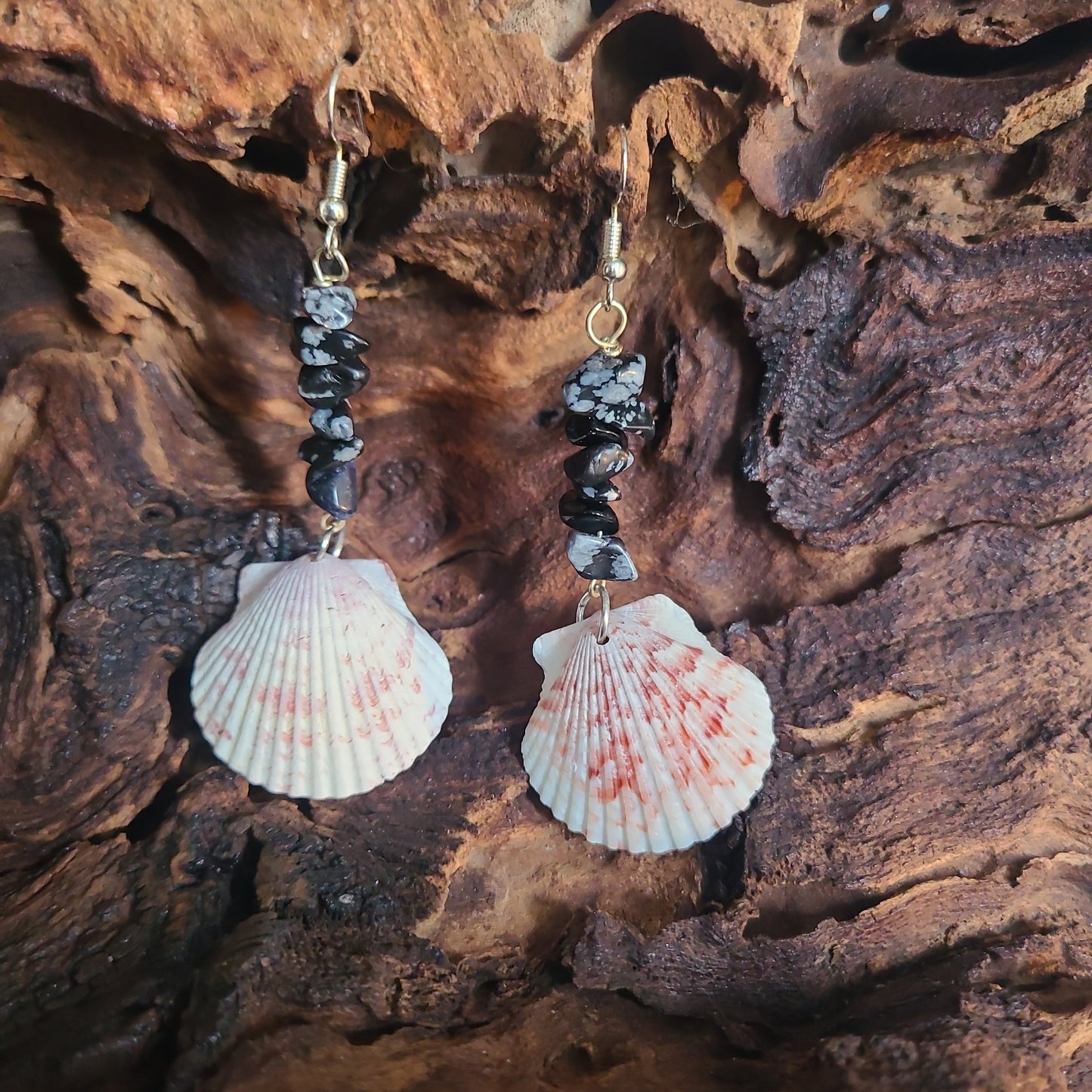 White/Calico Scallop Shell with Black Accents Earrings