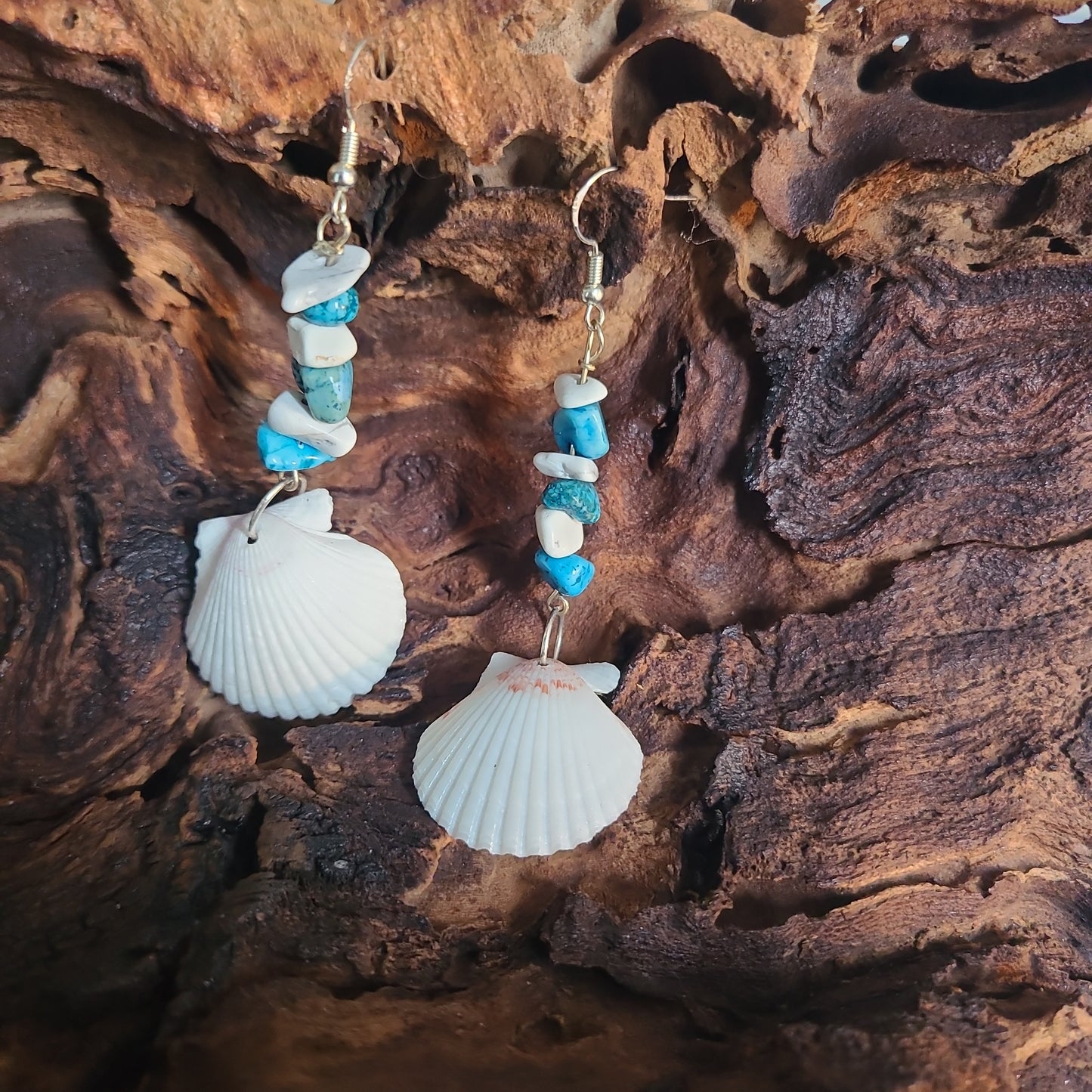 White Scallop Shell with Turquoise & White Accents Earrings