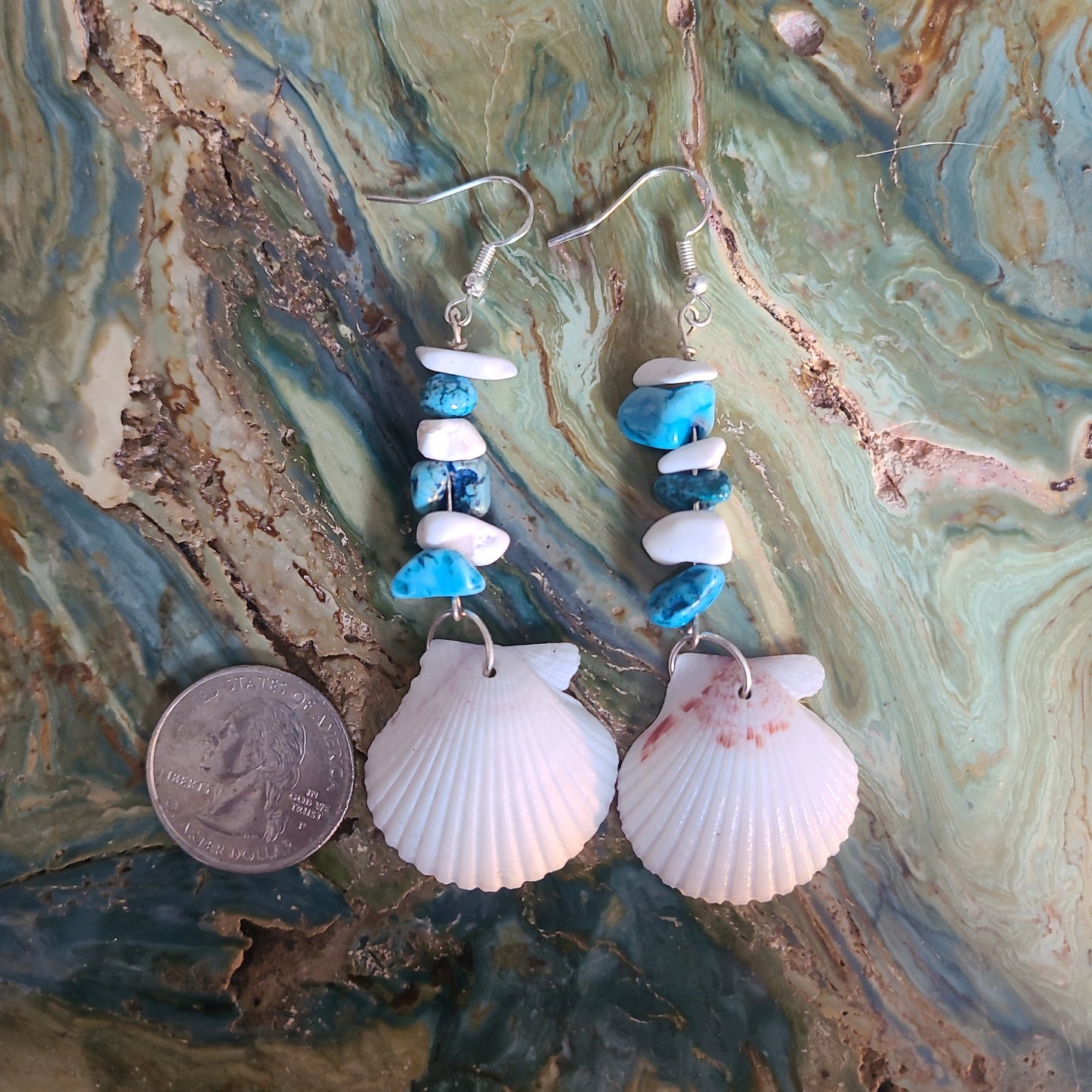 White Scallop Shell with Turquoise & White Accents Earrings