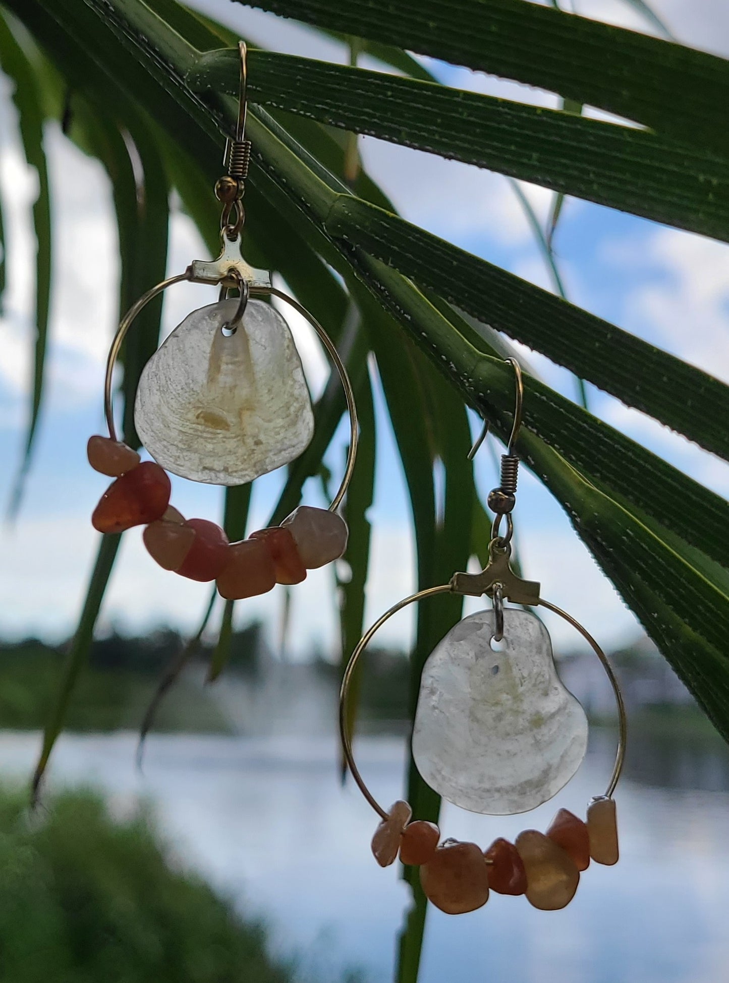 Elegant Cream Jingle Shell and Amber Colored Stone Hoop Earrings