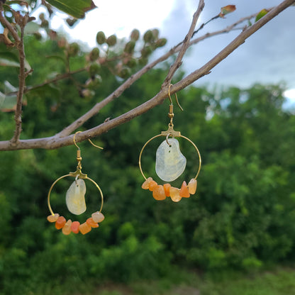 Elegant Cream Jingle Shell and Amber Colored Stone Hoop Earrings