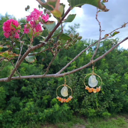 Elegant Cream Jingle Shell and Amber Colored Stone Hoop Earrings