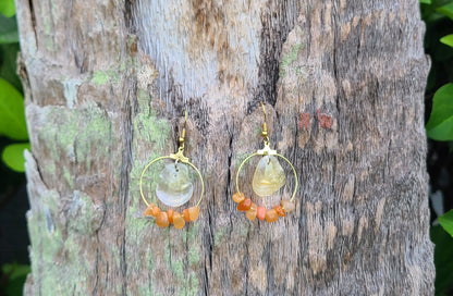 Elegant Cream Jingle Shell and Amber Colored Stone Hoop Earrings