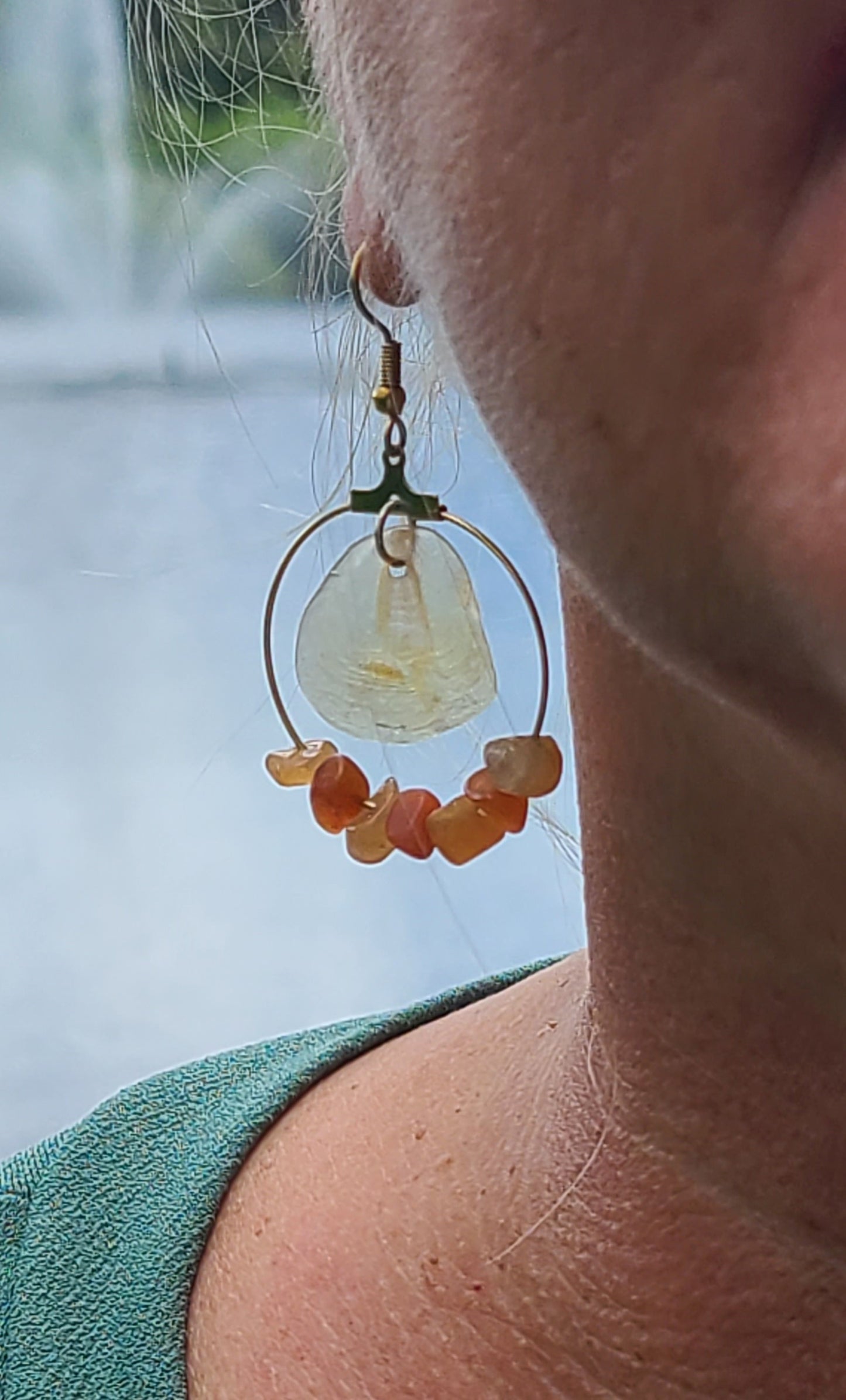 Elegant Cream Jingle Shell and Amber Colored Stone Hoop Earrings