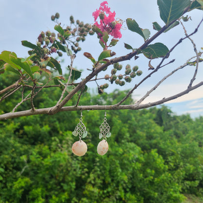 Original Prickly Cockle Shell and Emerald Color Stone Dangle Earrings