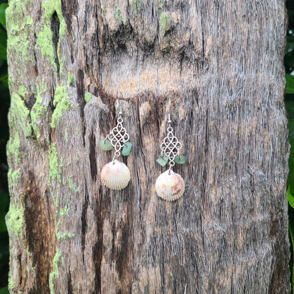 Original Prickly Cockle Shell and Emerald Color Stone Dangle Earrings