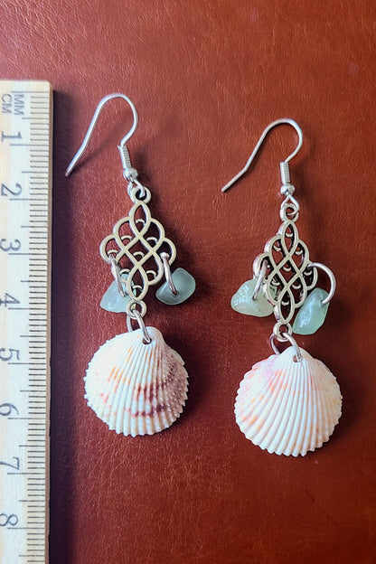 Original Prickly Cockle Shell and Emerald Color Stone Dangle Earrings