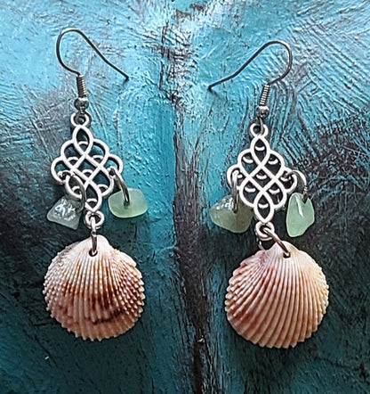 Original Prickly Cockle Shell and Emerald Color Stone Dangle Earrings