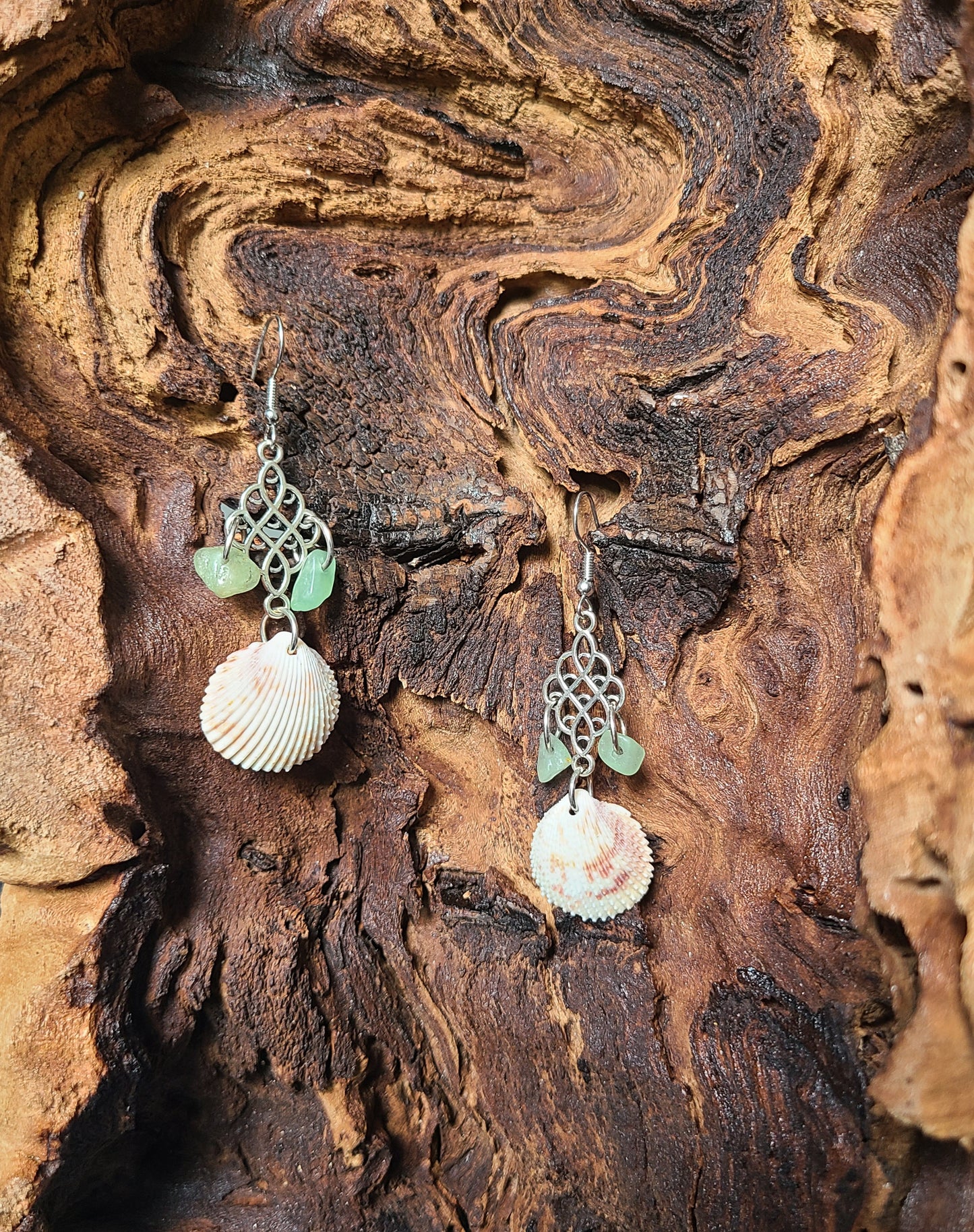 Original Prickly Cockle Shell and Emerald Color Stone Dangle Earrings