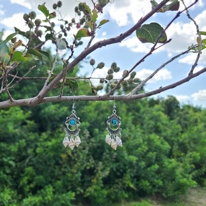 Captivating Stripped Nassa Shell and Turquoise Color Stone Chandelier Earrings