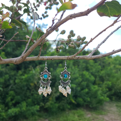 Captivating Stripped Nassa Shell and Turquoise Color Stone Chandelier Earrings