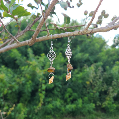 Earthy Stripped Nassa Shell and Tigers Eye Colored Stone Dangle Earrings