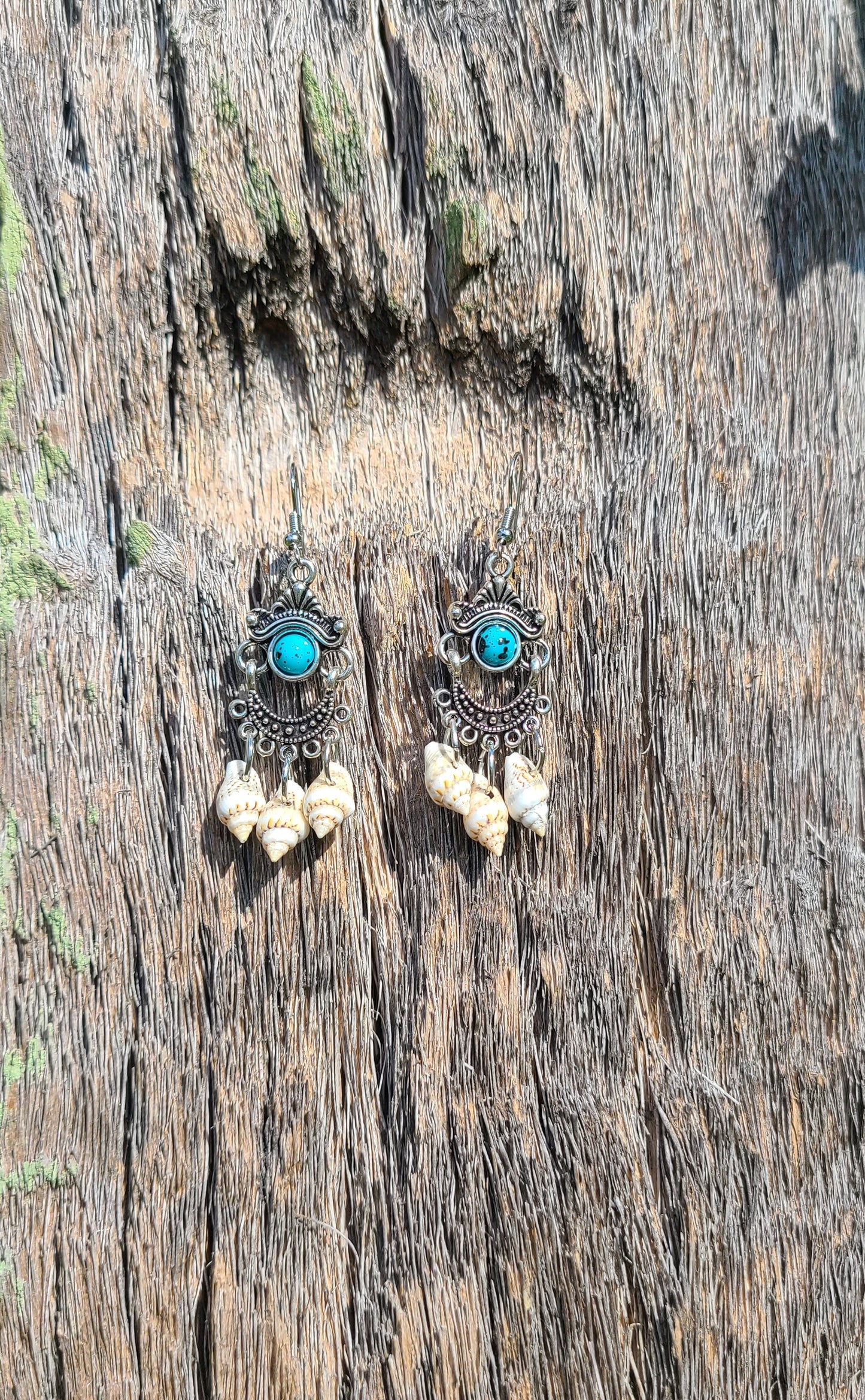 Captivating Stripped Nassa Shell and Turquoise Color Stone Chandelier Earrings