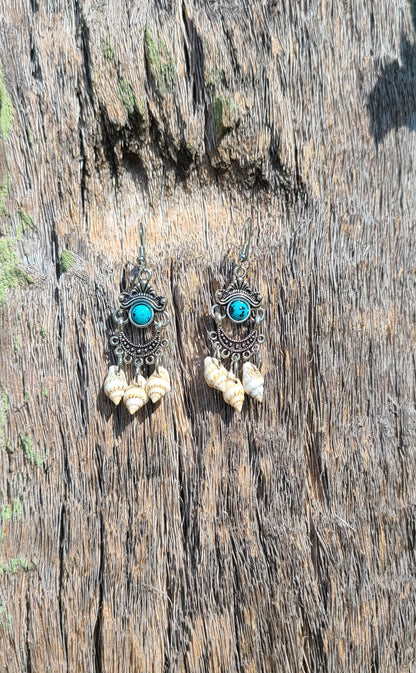 Captivating Stripped Nassa Shell and Turquoise Color Stone Chandelier Earrings