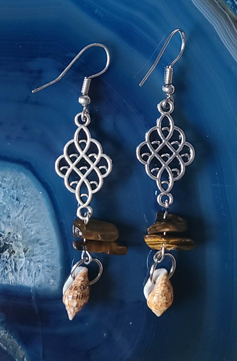 Earthy Stripped Nassa Shell and Tigers Eye Colored Stone Dangle Earrings