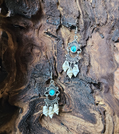 Captivating Stripped Nassa Shell and Turquoise Color Stone Chandelier Earrings