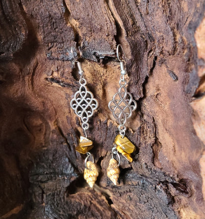 Earthy Stripped Nassa Shell and Tigers Eye Colored Stone Dangle Earrings