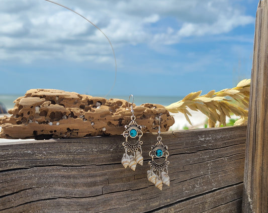 Captivating Stripped Nassa Shell and Turquoise Color Stone Chandelier Earrings