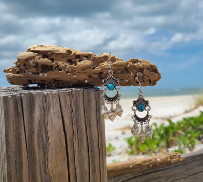 Captivating Stripped Nassa Shell and Turquoise Color Stone Chandelier Earrings