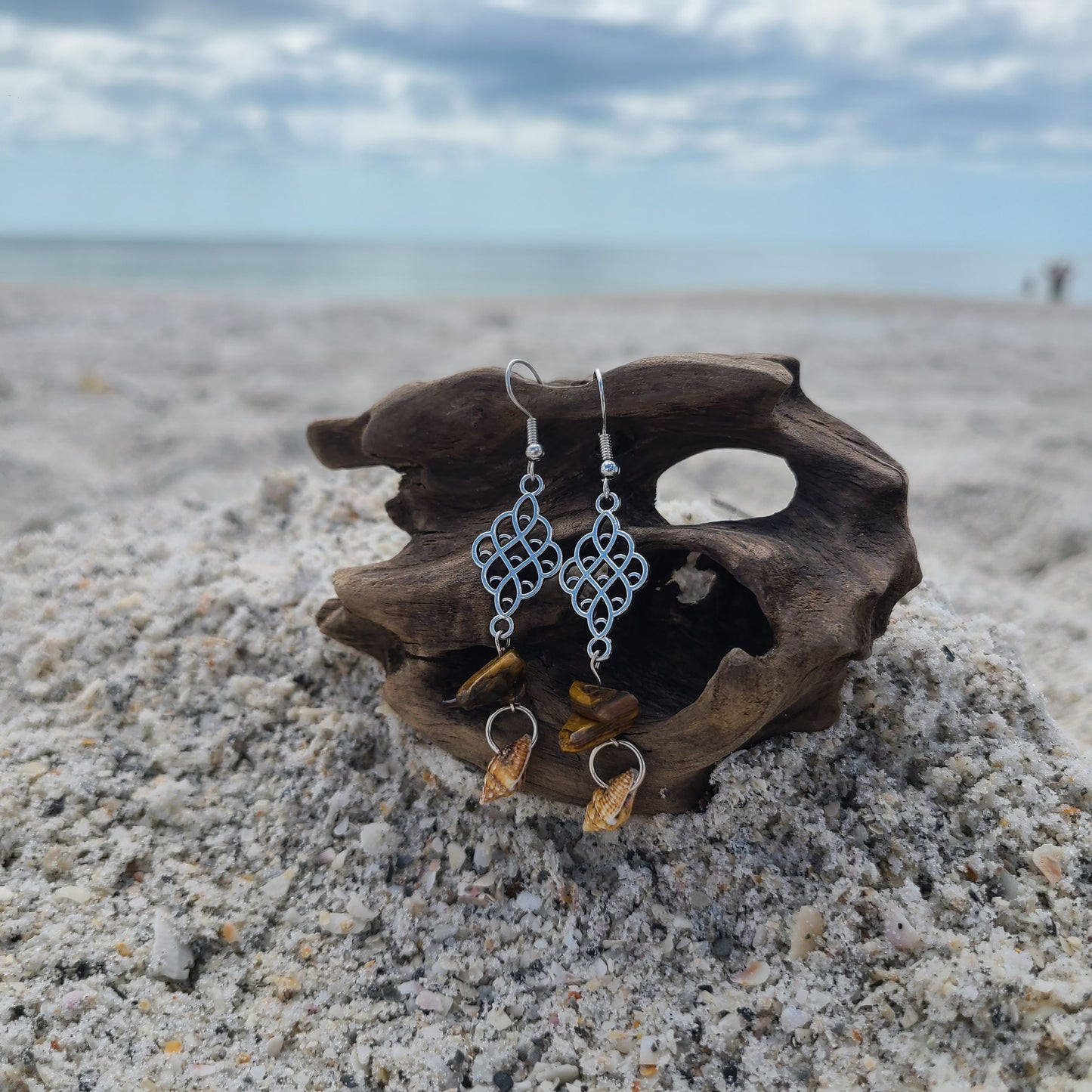 Earthy Stripped Nassa Shell and Tigers Eye Colored Stone Dangle Earrings