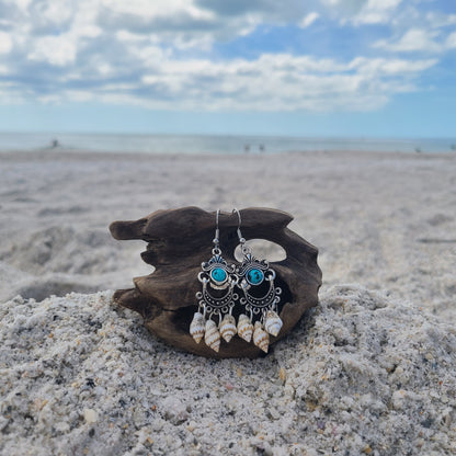 Captivating Stripped Nassa Shell and Turquoise Color Stone Chandelier Earrings