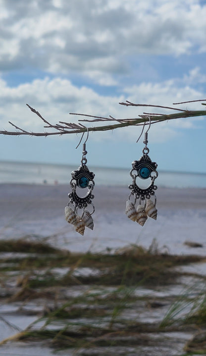 Captivating Stripped Nassa Shell and Turquoise Color Stone Chandelier Earrings