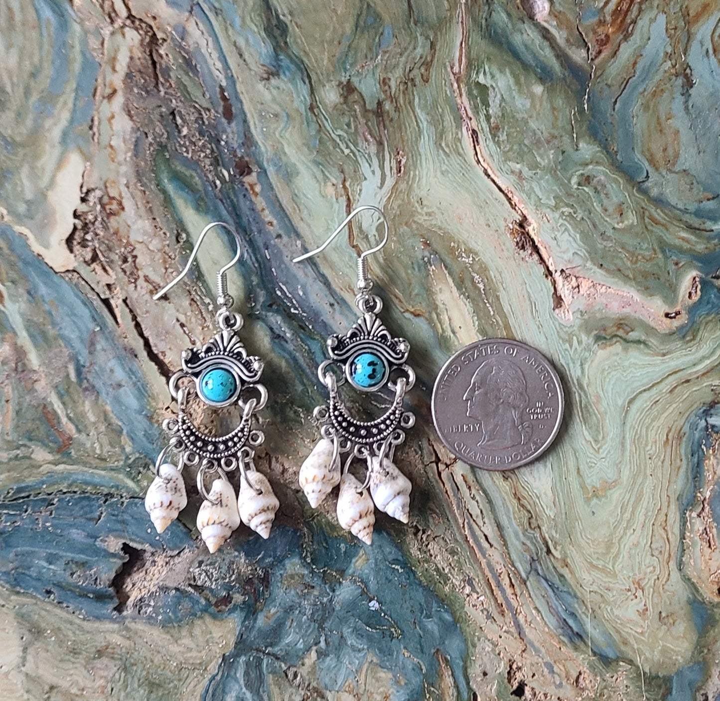 Captivating Stripped Nassa Shell and Turquoise Color Stone Chandelier Earrings