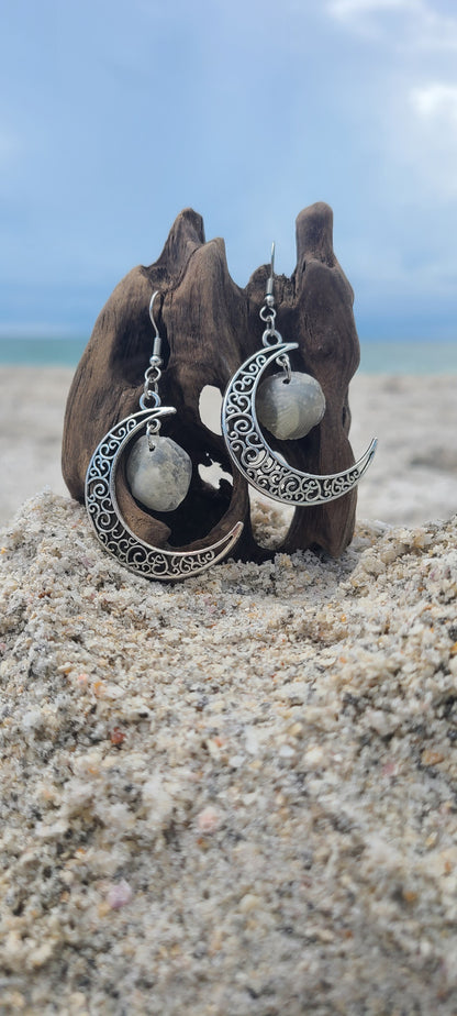 Stunning Cream Jingle Shell Moon Dangle Earrings.