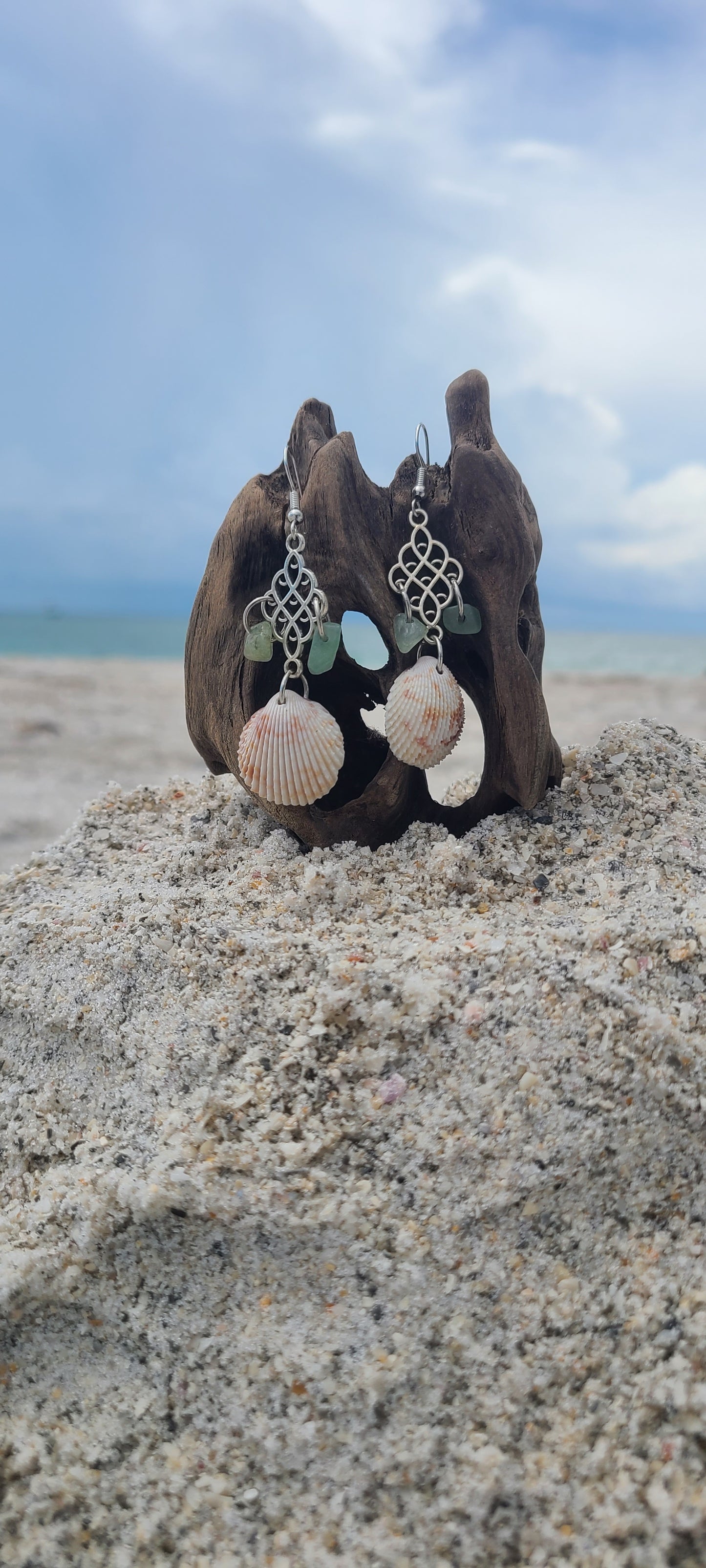 Original Prickly Cockle Shell and Emerald Color Stone Dangle Earrings