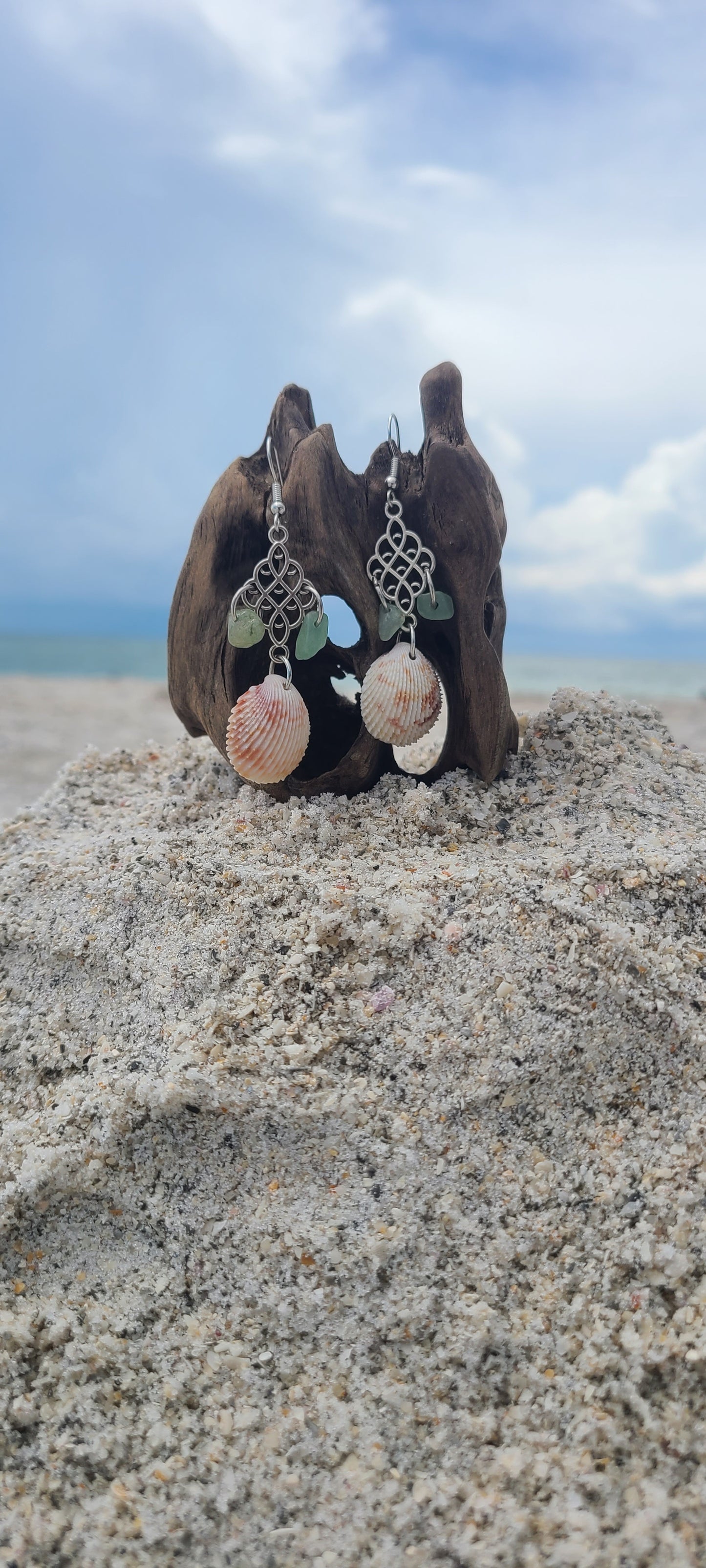 Original Prickly Cockle Shell and Emerald Color Stone Dangle Earrings