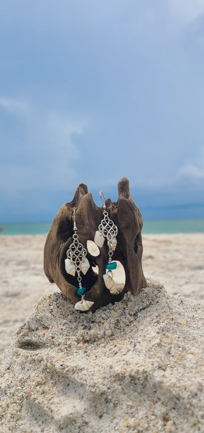 Captivating Stripped Nassa Shell and Turquoise Color Stone Dangle Earrings