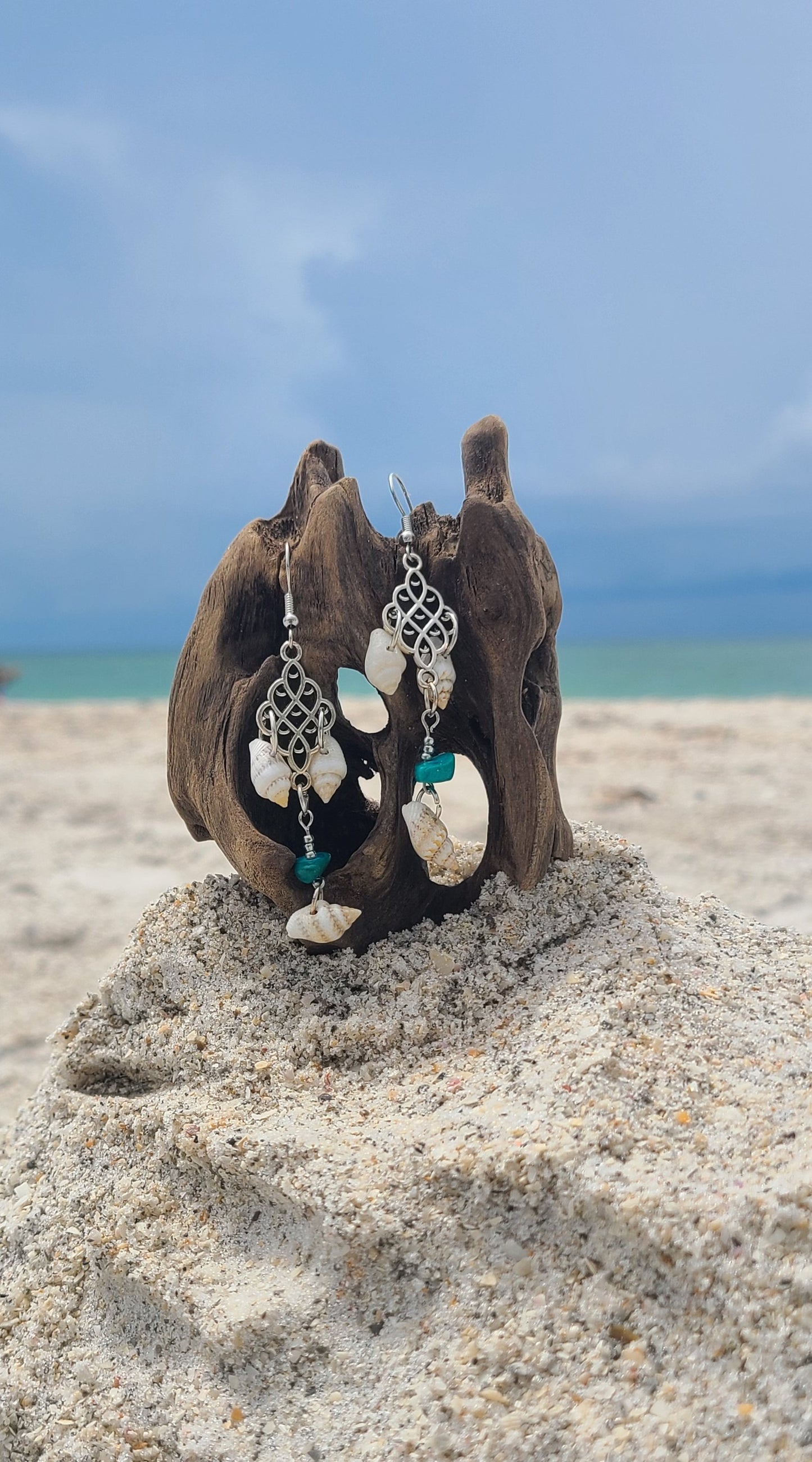 Captivating Stripped Nassa Shell and Turquoise Color Stone Dangle Earrings