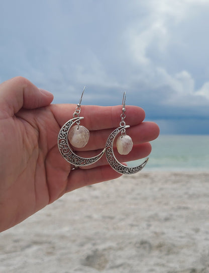 Stunning Cream Jingle Shell Moon Dangle Earrings.