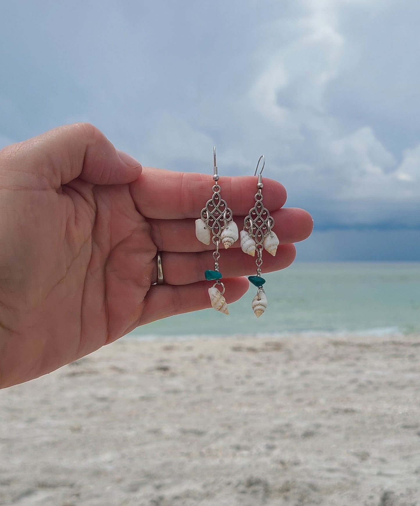 Captivating Stripped Nassa Shell and Turquoise Color Stone Dangle Earrings