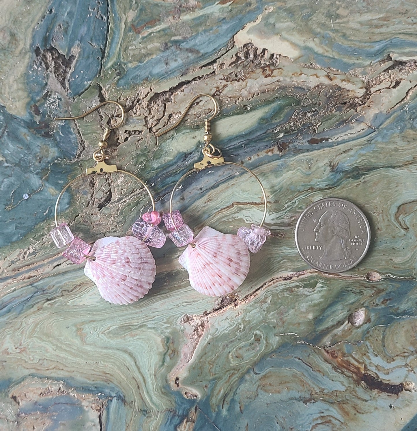 Pink Calico Scallop Shell with Pink Colored Stones Dangle Gold Earrings.