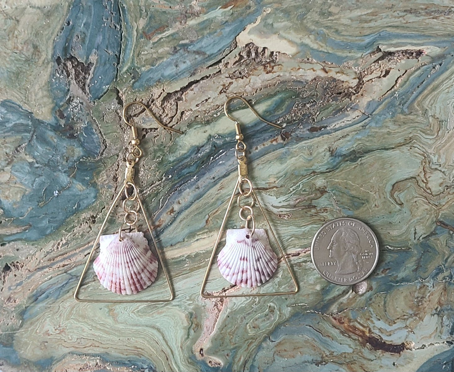 Calico Scallop Shell with Triangle Gold Dangle Earrings