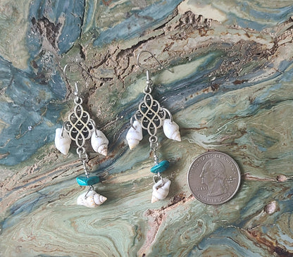 Captivating Stripped Nassa Shell and Turquoise Color Stone Dangle Earrings