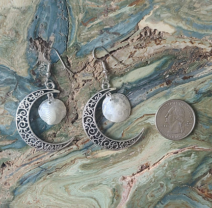 Stunning Cream Jingle Shell Moon Dangle Earrings.