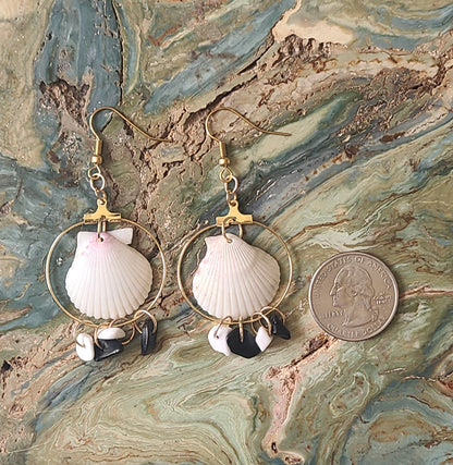 White Scallop Shell with Black and White Stones Dangle Gold Earrings