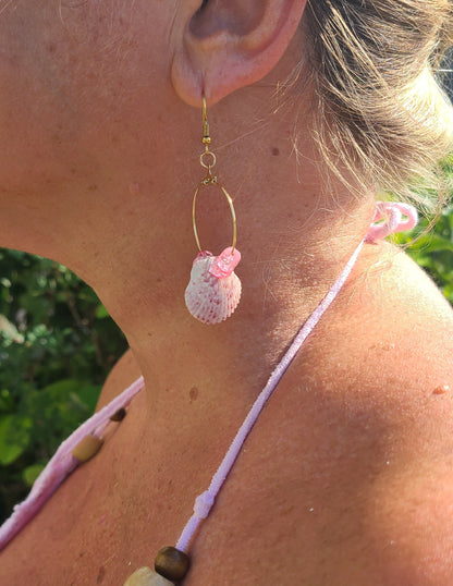 Pink Calico Scallop Shell with Pink Colored Stones Dangle Gold Earrings.