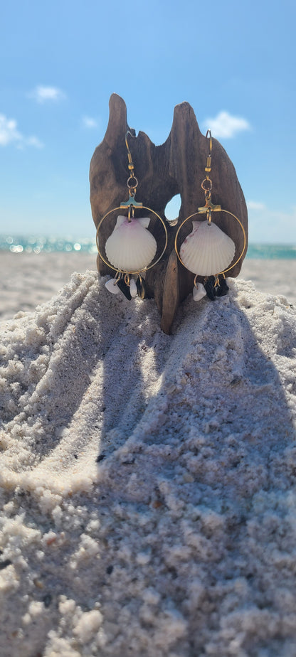 White Scallop Shell with Black and White Stones Dangle Gold Earrings