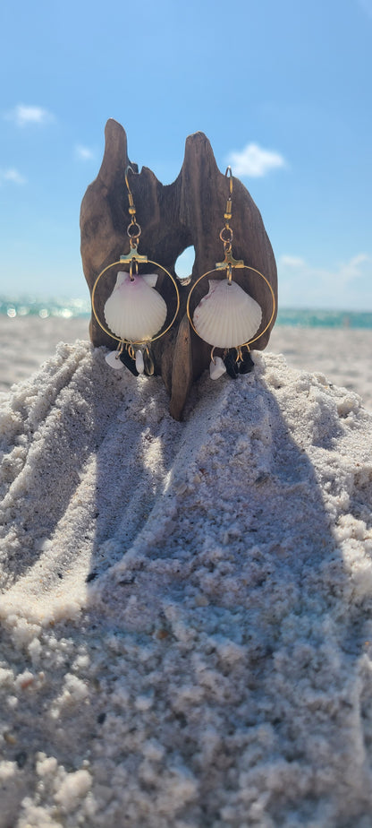 White Scallop Shell with Black and White Stones Dangle Gold Earrings