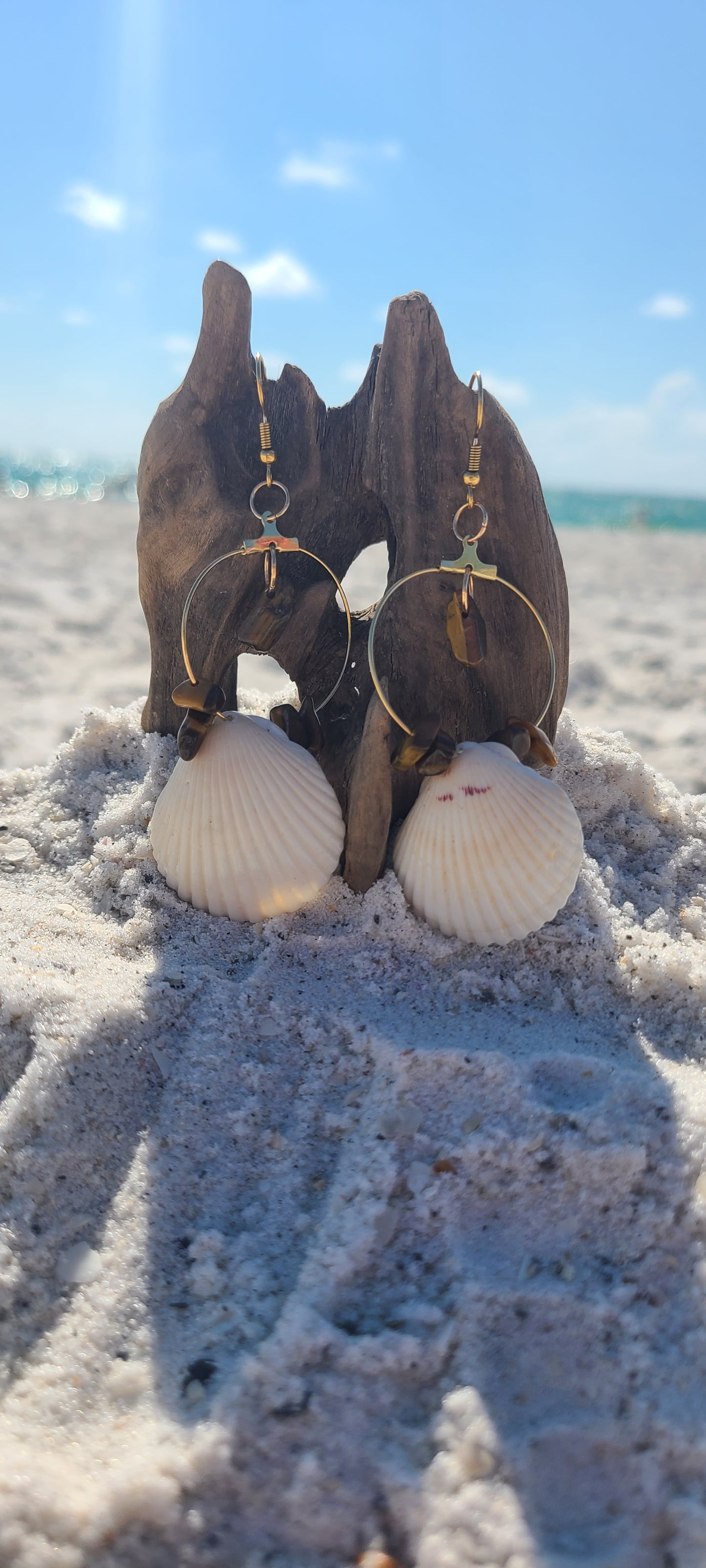 White Scallop Shell and Tigers Eye Colored Stones Hoop Dangle Earrings.