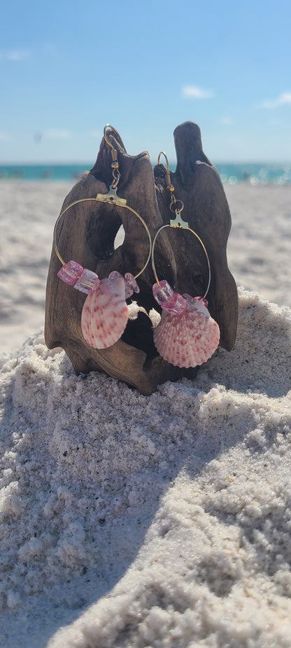 Pink Calico Scallop Shell with Pink Colored Stones Dangle Gold Earrings.