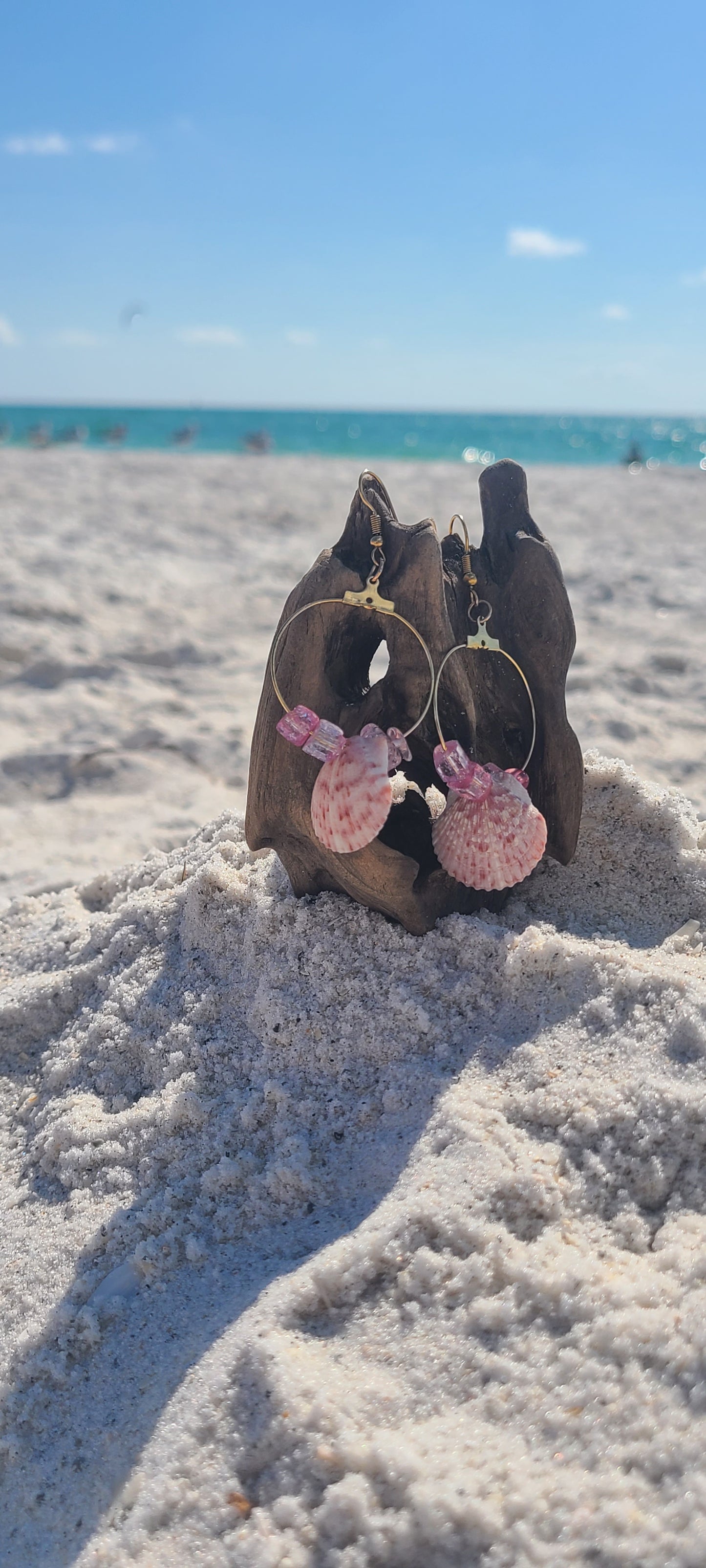 Pink Calico Scallop Shell with Pink Colored Stones Dangle Gold Earrings.