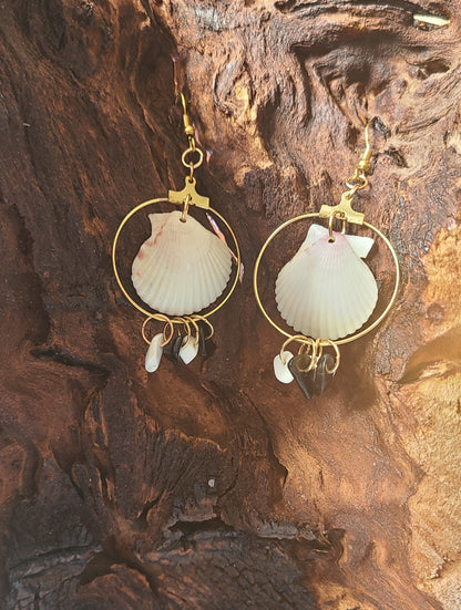 White Scallop Shell with Black and White Stones Dangle Gold Earrings