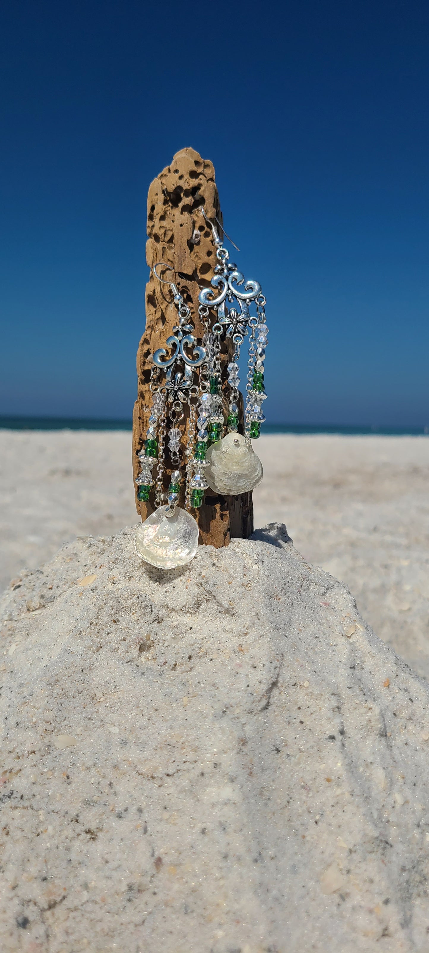 Beautiful Jingle Shell Chandelier Earrings(with green and silver sparkle)