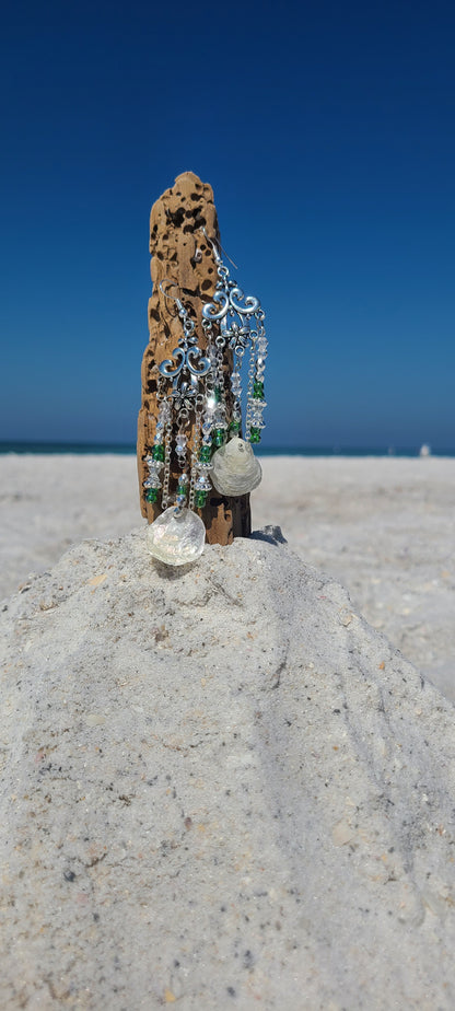 Beautiful Jingle Shell Chandelier Earrings(with green and silver sparkle)