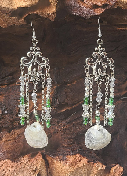 Beautiful Jingle Shell Chandelier Earrings(with green and silver sparkle)